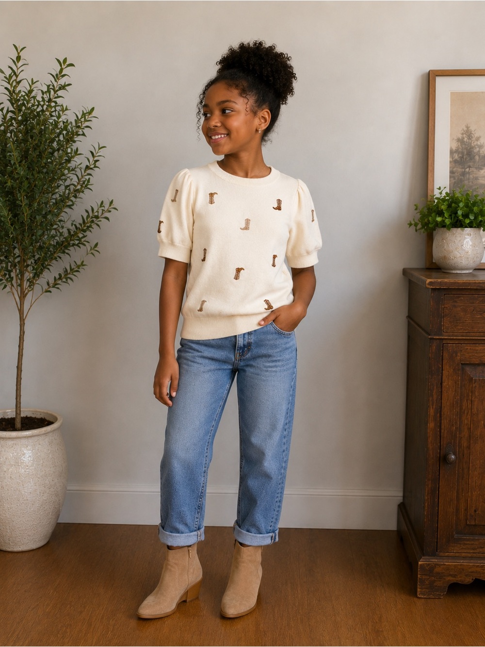 GILLI Cream Cowboy Boot Embroidered Puff Sleeve Sweater Top Size Small